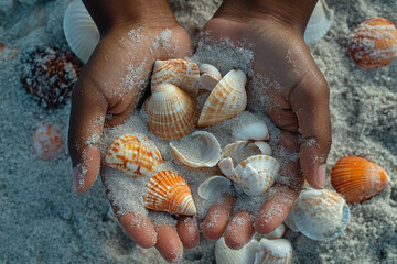 Hands holding sea shells and sand, symbolizing clean, healthy oceans.