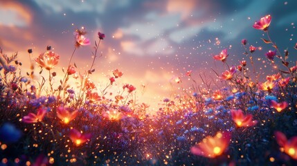 A serene digital meadow with glowing wildflowers and bioluminescent grass under a twilight sky. The flowers sway gently, casting vibrant light over the meadow. A peaceful escape in a digital 