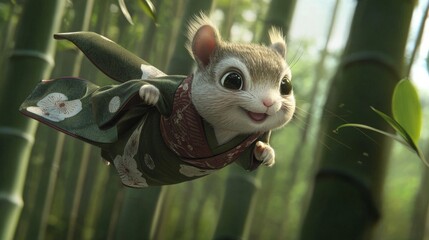 Cute Japanese Squirrel in Kimono Gliding Through Bamboo