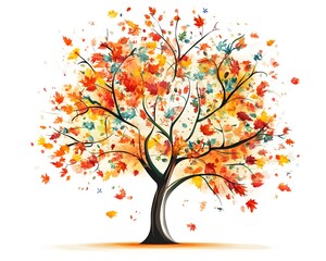 A vibrant watercolor tree showcasing autumn leaves in shades of red, orange, and yellow, creating a beautiful fall scene against a white background.