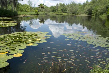 A school of minnows swimming in a pond surrounded by lily pads, marine, water, fish
