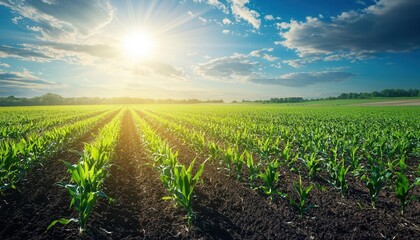 Corn crops thrive in expansive fields under bright sunshine for optimal growth
