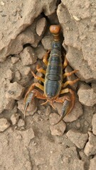 A scorpion crawling on a rugged rock background, showing its menacing stinger and sharp claws, rock, venomous, arachnid
