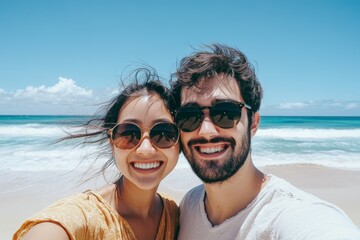 Fototapeta premium A happy couple enjoying a sunny beach day while taking a joyful selfie with ocean waves and blue sky in the background