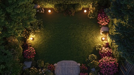 Fototapeta premium Overhead view of a classic front yard lawn bordered by rose bushes and decorative garden lights.