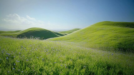 Fototapeta premium Rolling hills of a grass field with patches of wildflowers, stretching toward a clear, blue sky.