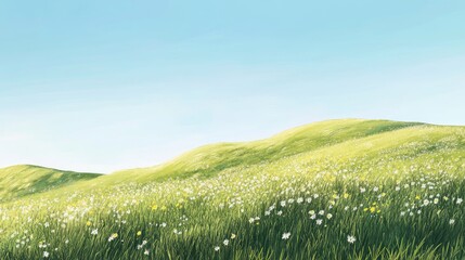 Obraz premium Rolling hills of a grass field with patches of wildflowers, stretching toward a clear, blue sky.