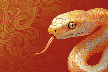 Fototapeta premium A captivating golden snake against a rich red background, perfect for 2025 New Year celebrations or Chinese zodiac-themed designs.