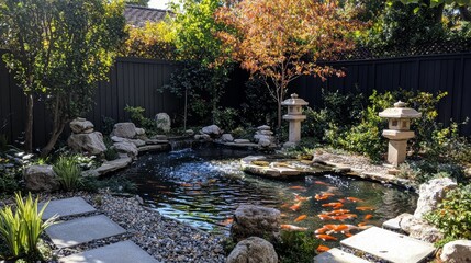 Serene Japanese Garden with Koi Pond and Stone Lanterns