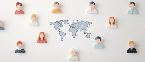 Diverse illustrated figures surround a world map, symbolizing global connection and collaboration among individuals from various backgrounds.