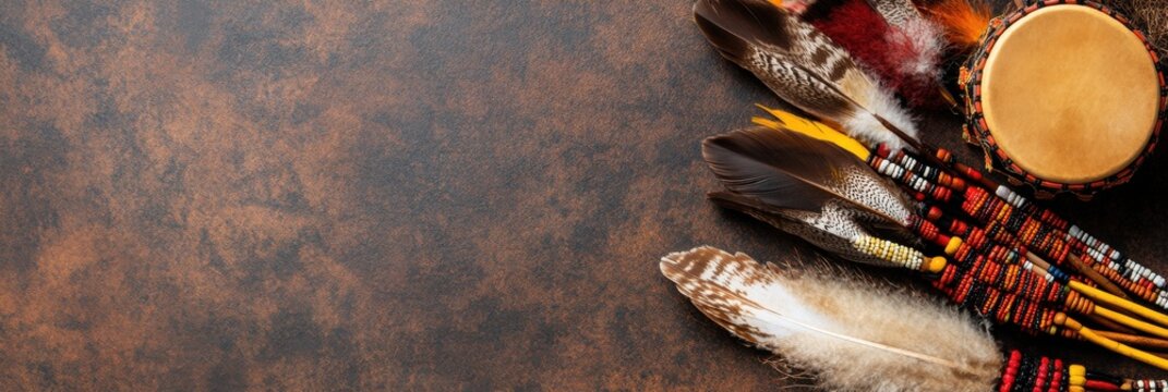 Celebration of canadian indigenous peoples day with traditional feathers and drum flat lay