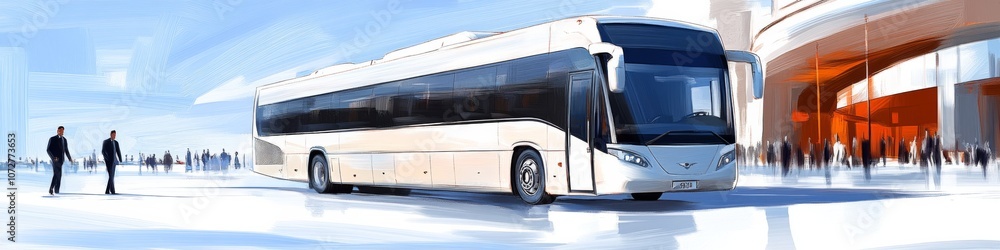 Poster modern bus waiting at a bus terminal with passengers and city buildings in the background on a brigh