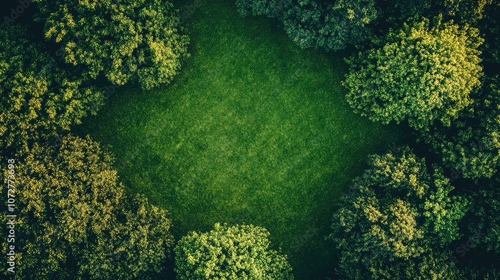 Poster top view of a field with neatly mowed grass, creating a calming, wide open green space.