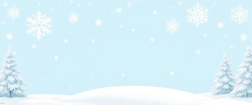 
A cheerful winter landscape featuring snow-covered trees and playful snowflakes against a light blue sky, ideal for holiday cards and festive designs
