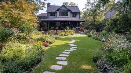 Fototapeta premium Top view of a lush front lawn with garden stepping stones leading to the front porch, bordered by flowers.