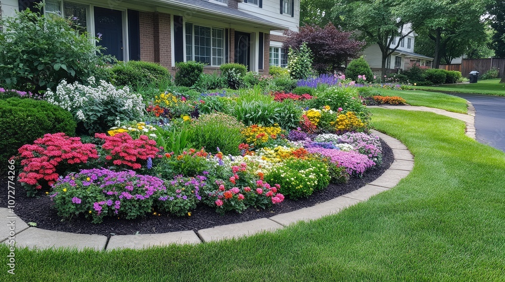Poster top view of a well-maintained front lawn with geometric garden design and a colorful flower border.