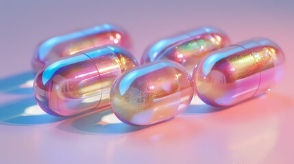 set of iridescent, metallic capsules in soft pastel hues, arranged on a light background. The glossy finish and vibrant colors make them appear futuristic, perfect for concepts like modern medicine