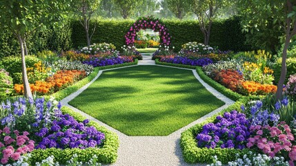 Fototapeta premium Top view of a well-maintained front lawn with geometric garden design and a colorful flower border.