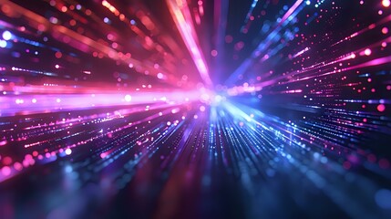 Fototapeta premium Dynamic light tunnel with glowing blue and pink particles streaming through space, perfect for technology, innovation, and future concept designs.