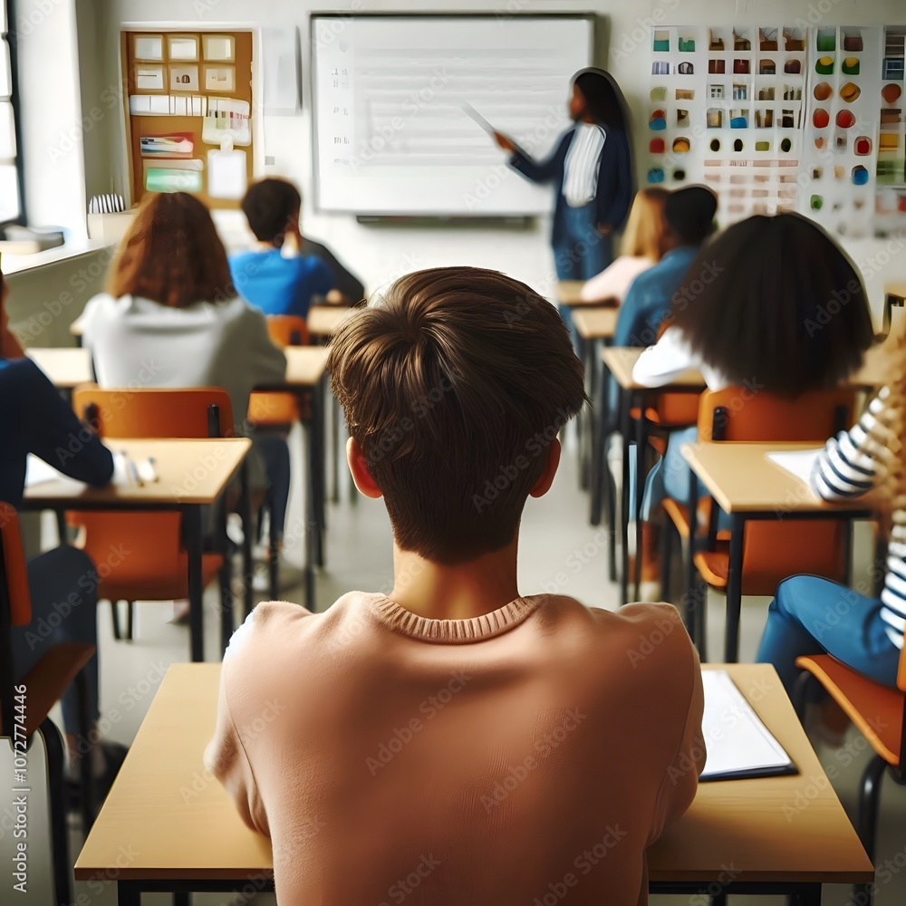 Poster rear view of student sitting in a classroom and listening to a lecture generated by ai