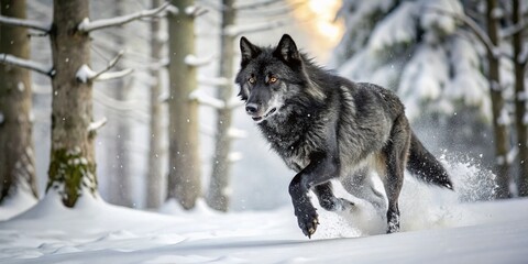 Naklejka premium Majestic Black Phase Grey Wolf Canis lupus Bounds Gracefully Through Winter Snowy Forest, Capturing the Essence of Nature's Untamed Beauty in a Documentary Style
