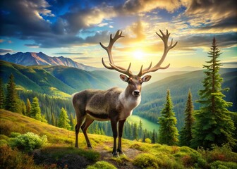 Obraz premium Majestic Caribou in Natural Habitat: Stunning Portrait Photography Capturing the Grace and Beauty of This Iconic North American Animal in a Serene Wilderness Setting