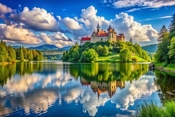 Fototapeta premium Majestic Castle Reflected in a Serene Lake Surrounded by Lush Greenery and Blue Skies, Perfect for Fantasy and Travel Themes