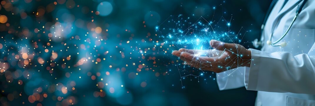 Doctor's hands holding a glowing, digital network, symbolizing futuristic healthcare and medical innovation. Ideal for concepts in medical technology, AI, and health advancements.