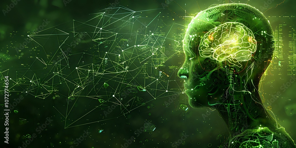 Poster futuristic digital representation of the human brain and neural connections in neon green, symbolizi