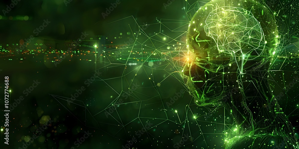 Poster futuristic digital illustration of a human brain with interconnected neural pathways in green, symbo