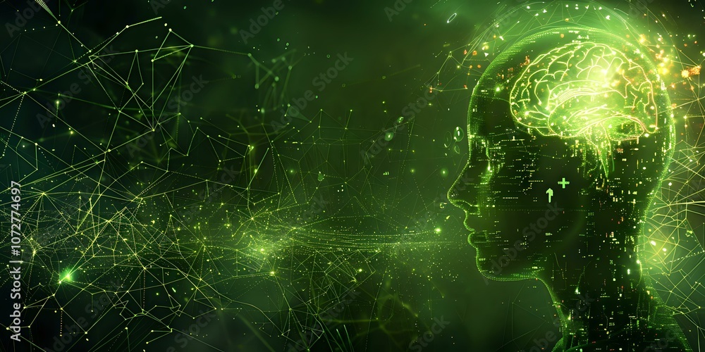 Poster futuristic digital representation of the human brain and neural connections in neon green, symbolizi