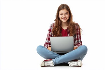 Happy young female college student sitting isolated at white background using laptop computer advertising elearning course, online education webinars, internet services.