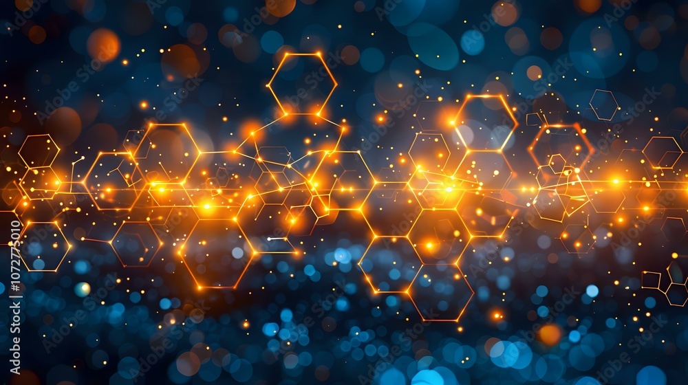 Poster abstract glowing orange hexagonal network pattern with blue bokeh lights, symbolizing modern technol