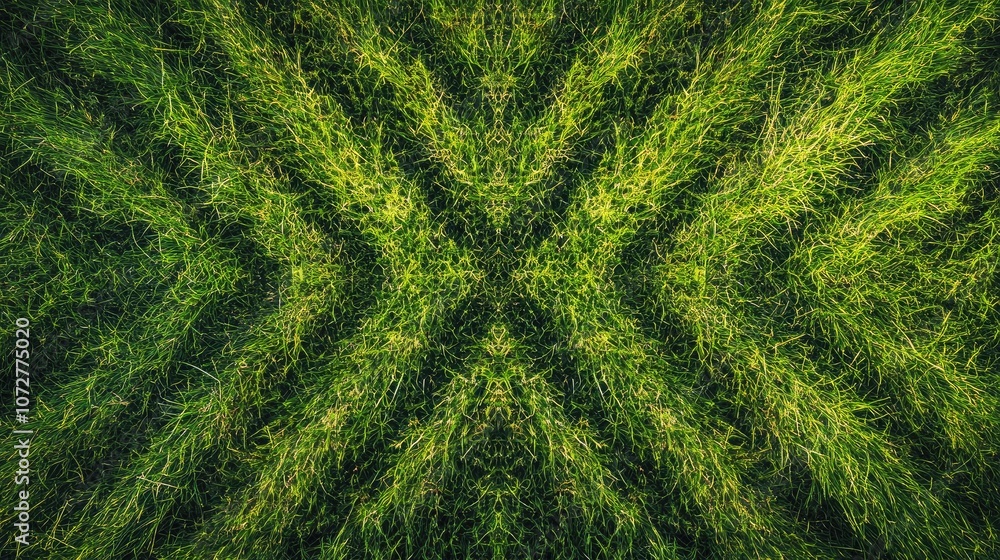 Poster top-down view of a green grass field with symmetrical patterns created by recent mowing.