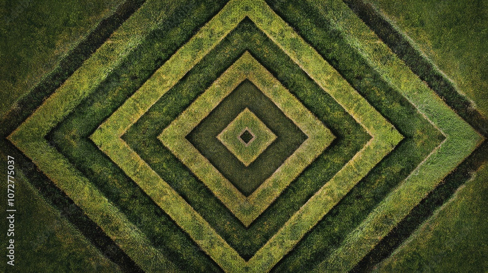 Poster top-down view of a green grass field with symmetrical patterns created by recent mowing.