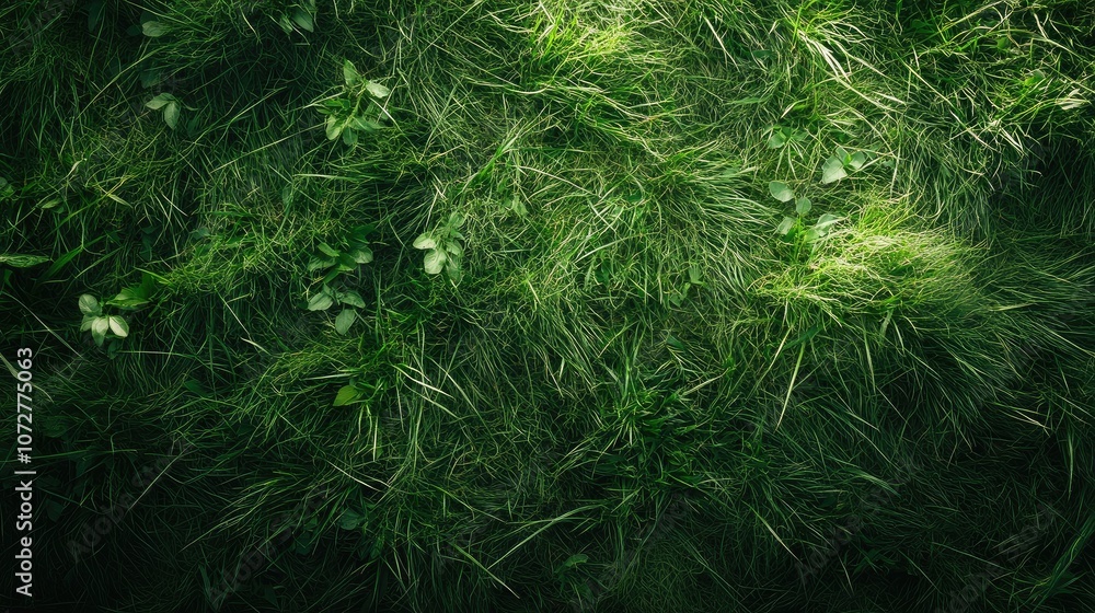 Aufkleber top-down view of a soft, green grass field with subtle textures and a light mist in the early mornin