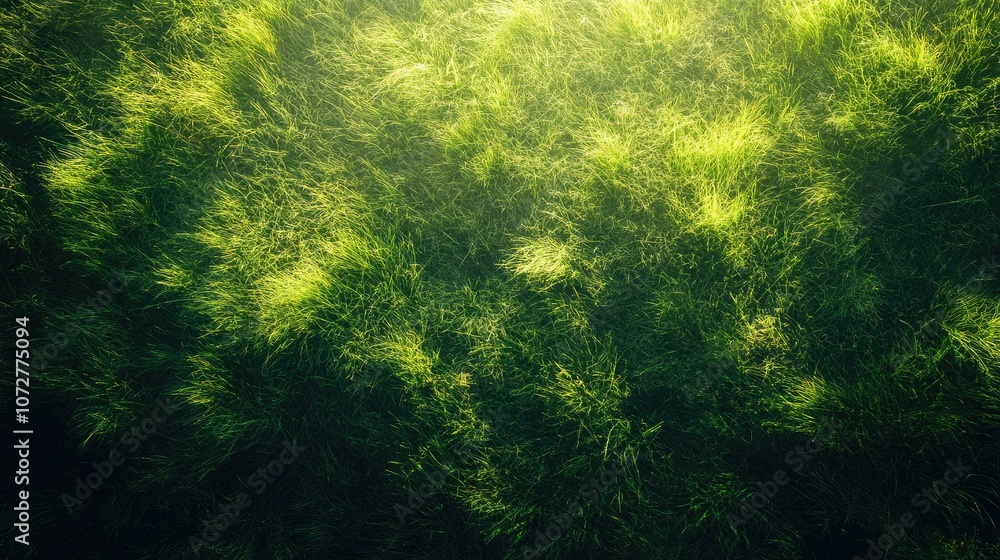 Poster top-down view of a soft, green grass field with subtle textures and a light mist in the early mornin