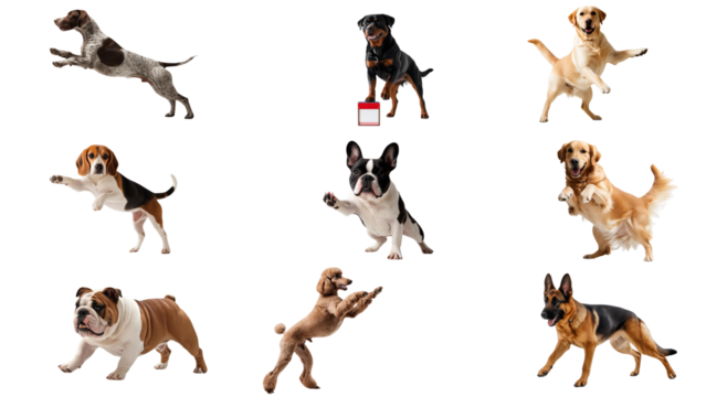 French Bulldog, Labrador Retriever, Golden Retriever, German Shepherd, Poodle, Bulldog, Beagle, Rottweiler, German Shorthaired Pointer Performing a Trick