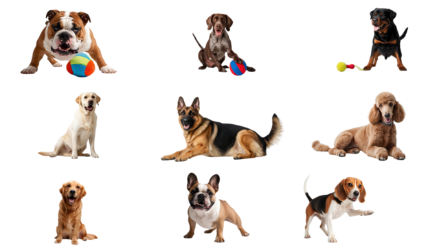 French Bulldog, Labrador Retriever, Golden Retriever, German Shepherd, Poodle, Bulldog, Beagle, Rottweiler, German Shorthaired Pointer Playful Pose on a white background