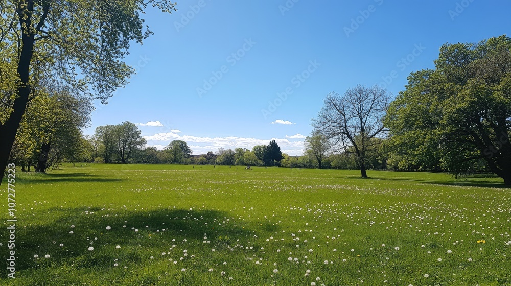 Poster wide open field with soft green grass, bordered by trees and dotted with dandelions under a bright b