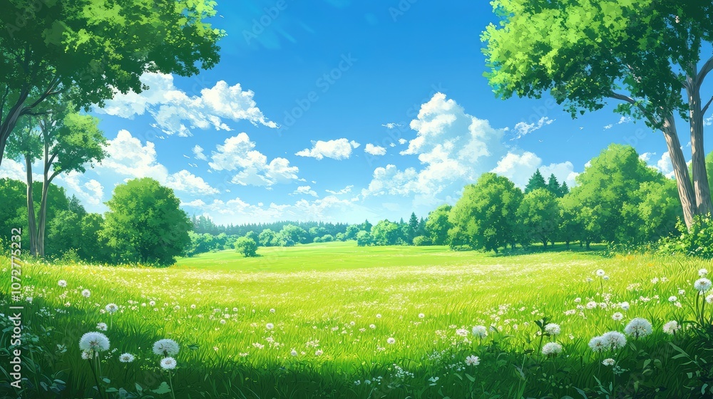 Poster wide open field with soft green grass, bordered by trees and dotted with dandelions under a bright b