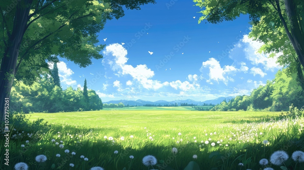 Poster wide open field with soft green grass, bordered by trees and dotted with dandelions under a bright b