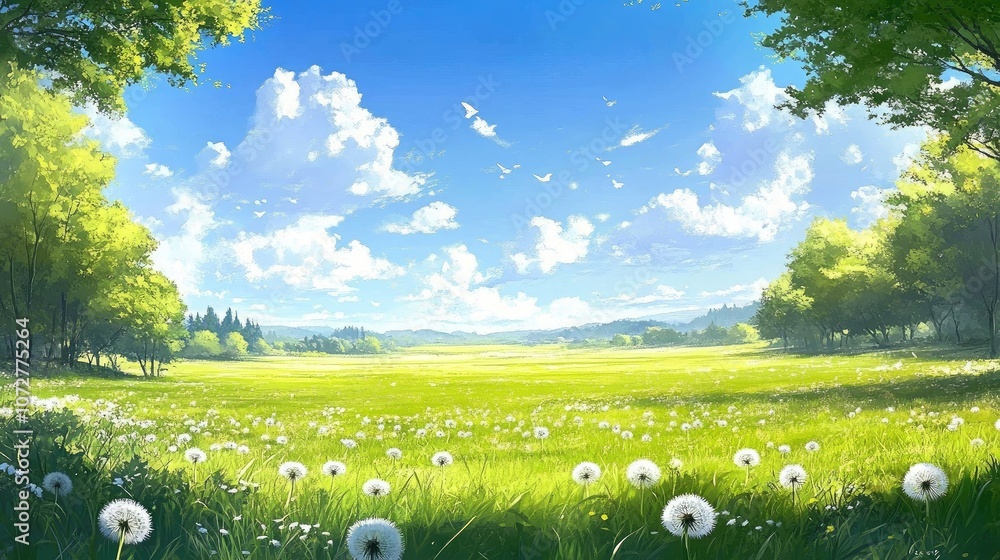 Poster wide open field with soft green grass, bordered by trees and dotted with dandelions under a bright b