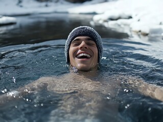 Joyful man enjoying a winter swim in nature.