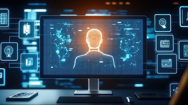 Virtual Collaboration - teamwork, remote communication, online tools A person interacting with advanced digital interface.