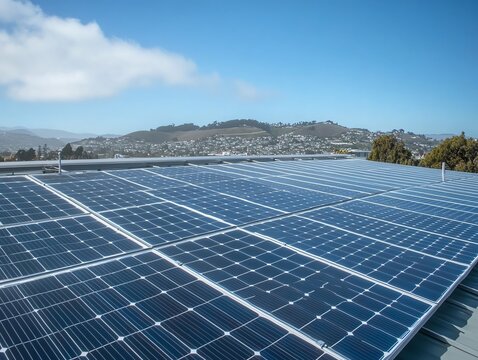 Solar panels on a rooftop under blue sky.