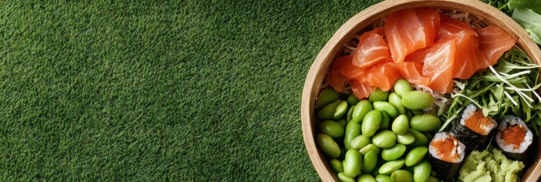 Japanese picnic delight: sushi, edamame, and fresh greens on grass background for springtime gatherings