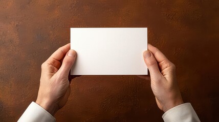Obraz premium Blank card held by two hands over a table with subtle lighting, Card held by hands over table, Personal and natural