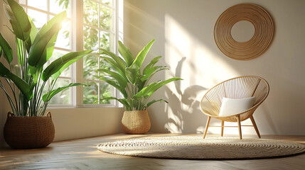minimalist, well maintained modern interior featuring cozy chair, lush plants, and natural light creating serene atmosphere