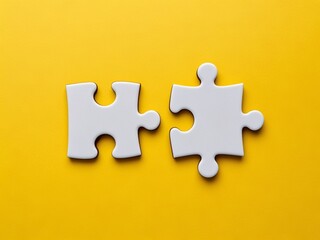 Obraz premium Top view two small piece of white jigsaw puzzle isolated on a yellow background with copy space.​